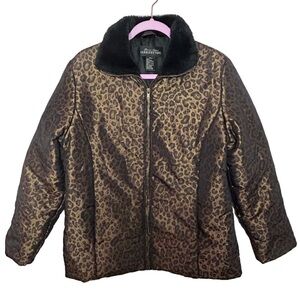 Donna Salyers Fabulous Furs Leopard print Faux Fur Collar Puffer Jacket